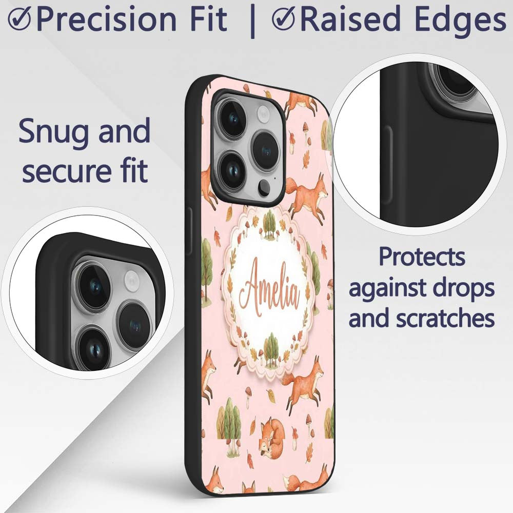 Woodland Fox with Trees Leaves Mushrooms Soft Custom Name Protective Phone Case Mobile Cover Durable Everyday Smartphone Shock Resistant