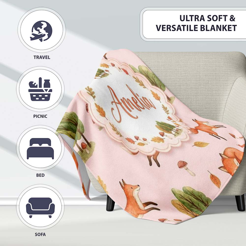 Woodland Fox with Trees Leaves Mushrooms Soft Blush Seamless  Personalised Custom Name Super Soft Fleece Blanket Bed Sofa Throw