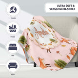 Woodland Fox with Trees Leaves Mushrooms Soft Blush Seamless  Personalised Custom Name Super Soft Fleece Blanket Bed Sofa Throw