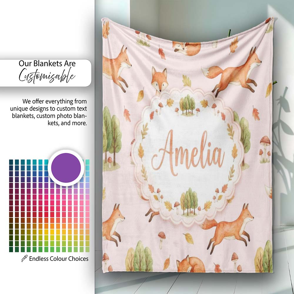 Woodland Fox with Trees Leaves Mushrooms Soft Blush Seamless  Personalised Custom Name Super Soft Fleece Blanket Bed Sofa Throw