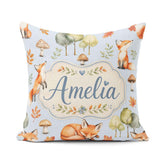 Custom Name Woodland Fox with Trees Mushrooms Soft Blue Seamless Square Filled Cushion Throw Pillow Sofa Bed Home Decor Zip Washable UK Made