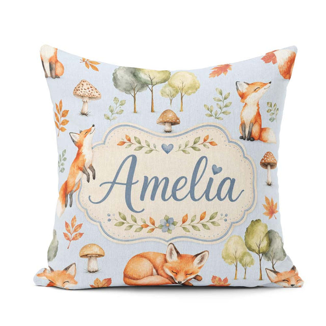 Custom Name Woodland Fox with Trees Mushrooms Soft Blue Seamless Square Filled Cushion Throw Pillow Sofa Bed Home Decor Zip Washable UK Made