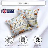 Custom Name Woodland Fox with Trees Mushrooms Soft Blue Seamless Square Filled Cushion Throw Pillow Sofa Bed Home Decor Zip Washable UK Made