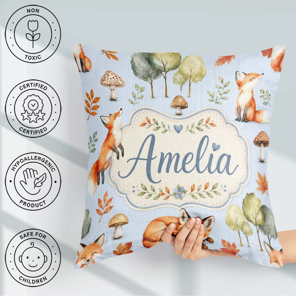 Custom Name Woodland Fox with Trees Mushrooms Soft Blue Seamless Square Filled Cushion Throw Pillow Sofa Bed Home Decor Zip Washable UK Made