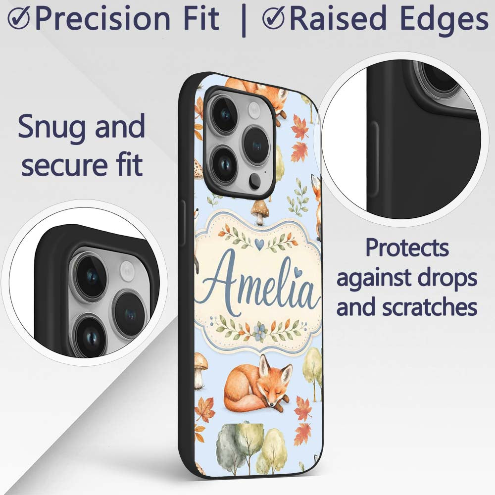 Woodland Fox with Trees Leaves Mushrooms Soft Custom Name Protective Phone Case Mobile Cover Durable Everyday Smartphone Shock Resistant