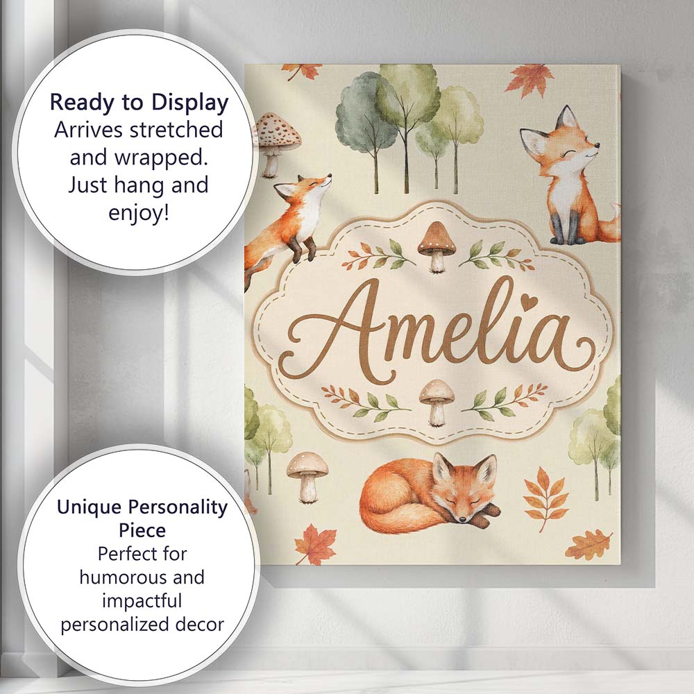 Personalised Name Woodland Fox with Trees Custom  Unique Gift Idea Elegant Feature Canvas Wall Art Print Decor Picture Ready to Hang