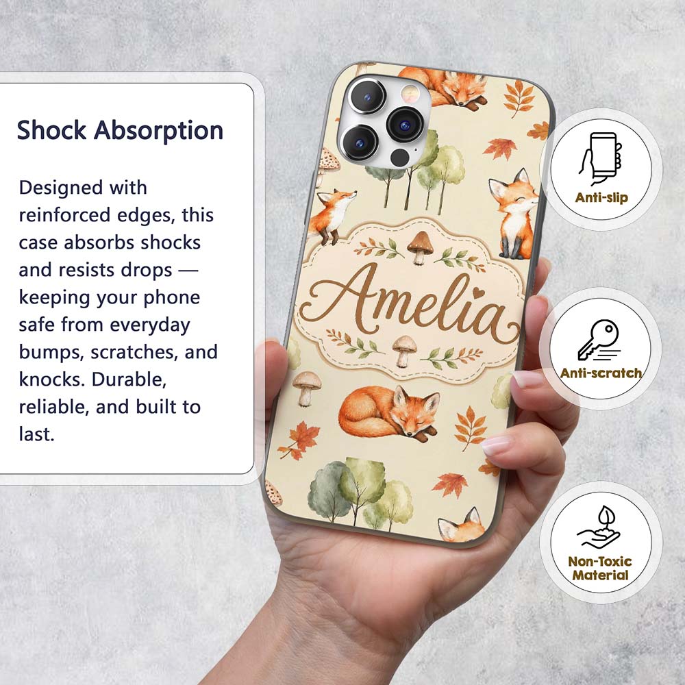 Woodland Fox with Trees Leaves Mushrooms Soft Custom Name Protective Phone Case Mobile Cover Durable Everyday Smartphone Shock Resistant