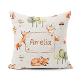Custom Name Woodland Fox with Trees Mushrooms Soft Grey Seamless Square Filled Cushion Throw Pillow Sofa Bed Home Decor Zip Washable UK Made