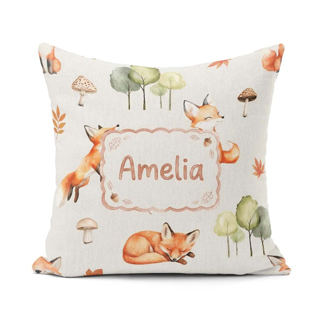 Custom Name Woodland Fox with Trees Mushrooms Soft Grey Seamless Square Filled Cushion Throw Pillow Sofa Bed Home Decor Zip Washable UK Made