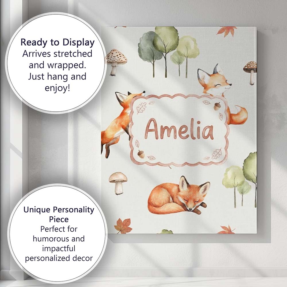 Personalised Name Woodland Fox with Trees Custom  Unique Gift Idea Elegant Feature Canvas Wall Art Print Decor Picture Ready to Hang