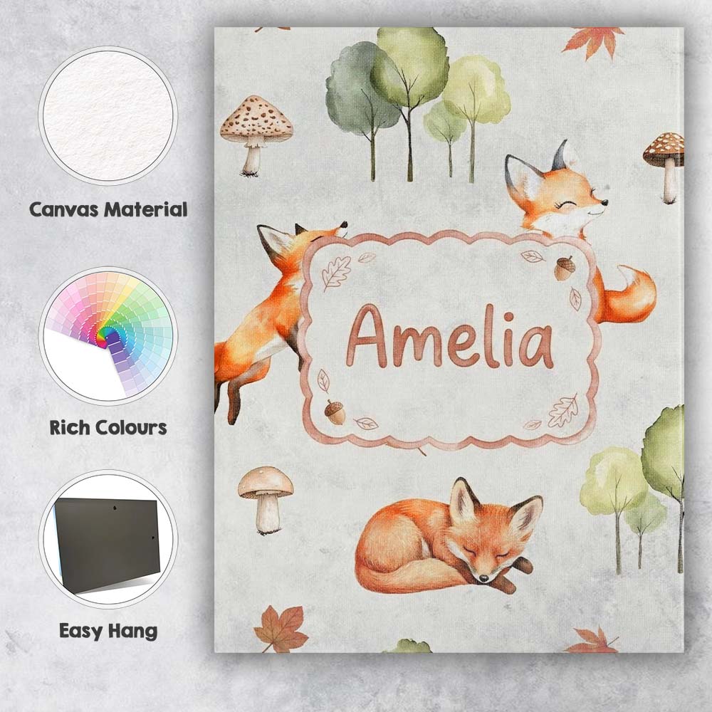 Personalised Name Woodland Fox with Trees Custom  Unique Gift Idea Elegant Feature Canvas Wall Art Print Decor Picture Ready to Hang