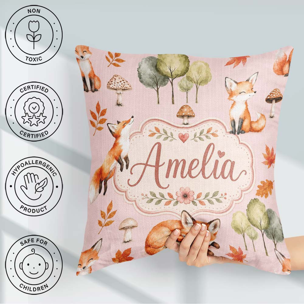 Custom Name Woodland Fox with Trees Mushrooms Soft Pink Seamless Square Filled Cushion Throw Pillow Sofa Bed Home Decor Zip Washable UK Made