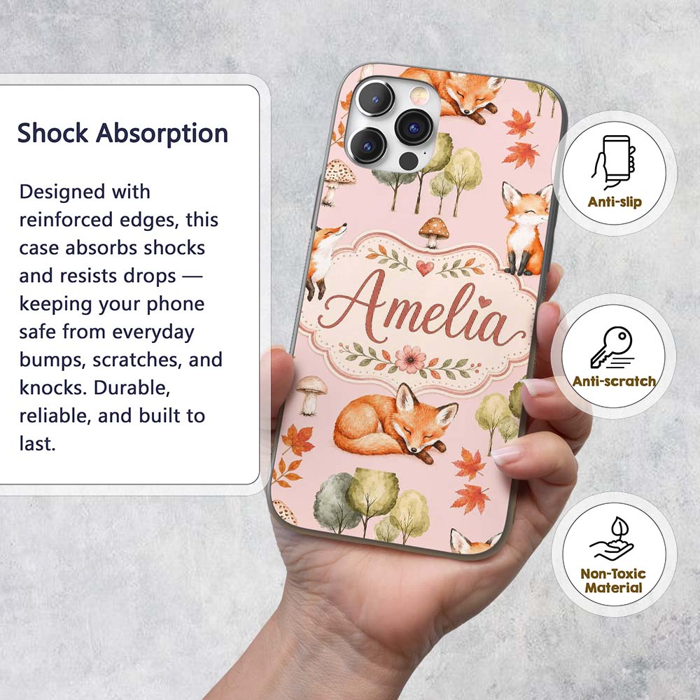 Woodland Fox with Trees Leaves Mushrooms Soft Custom Name Protective Phone Case Mobile Cover Durable Everyday Smartphone Shock Resistant