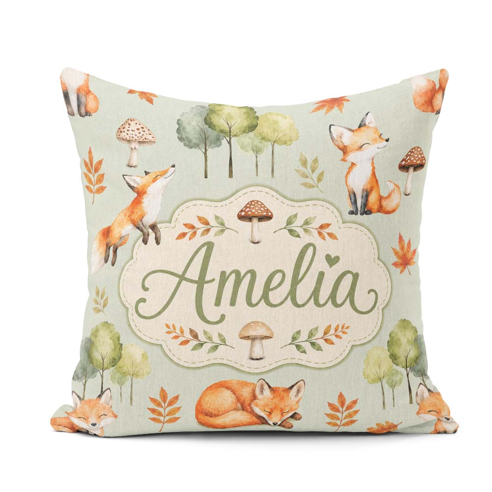 Custom Name Woodland Fox with Trees Leaves Mushrooms Soft Green Square Filled Cushion Throw Pillow Sofa Bed Home Decor Zip Washable UK Made