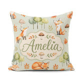 Custom Name Woodland Fox with Trees Leaves Mushrooms Soft Green Square Filled Cushion Throw Pillow Sofa Bed Home Decor Zip Washable UK Made