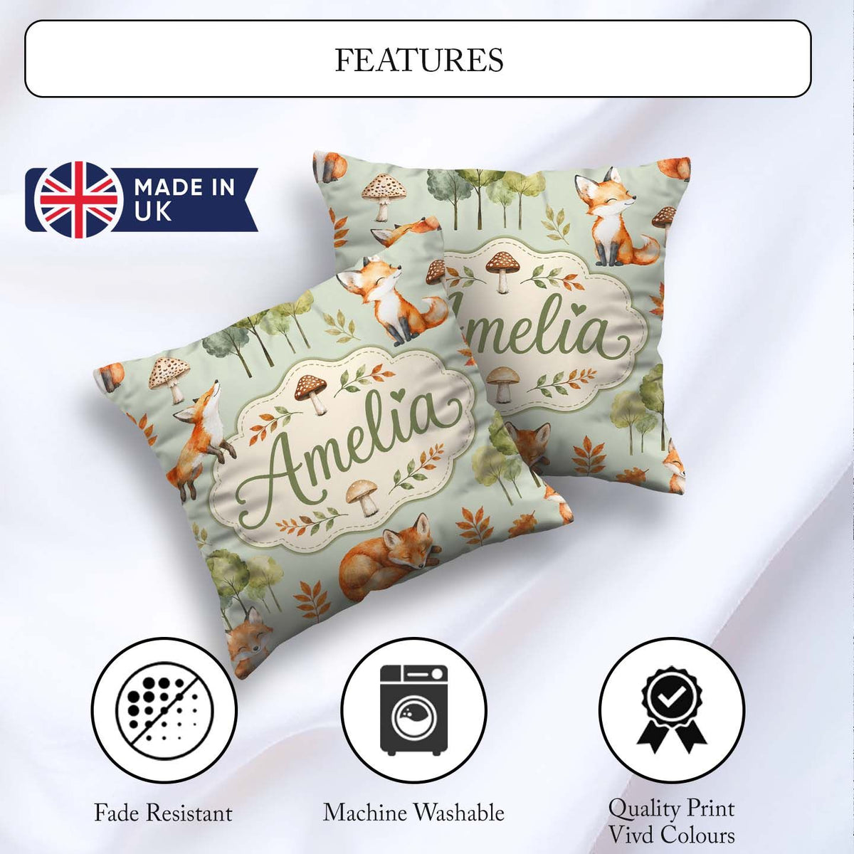 Custom Name Woodland Fox with Trees Leaves Mushrooms Soft Green Square Filled Cushion Throw Pillow Sofa Bed Home Decor Zip Washable UK Made