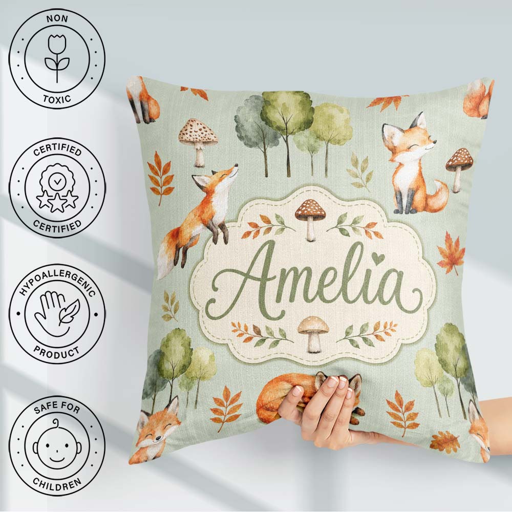 Custom Name Woodland Fox with Trees Leaves Mushrooms Soft Green Square Filled Cushion Throw Pillow Sofa Bed Home Decor Zip Washable UK Made