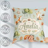 Custom Name Woodland Fox with Trees Leaves Mushrooms Soft Green Square Filled Cushion Throw Pillow Sofa Bed Home Decor Zip Washable UK Made