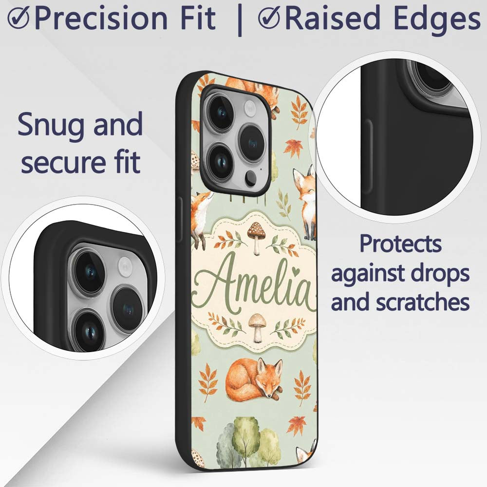 Woodland Fox with Trees Leaves Mushrooms Soft Custom Name Protective Phone Case Mobile Cover Durable Everyday Smartphone Shock Resistant