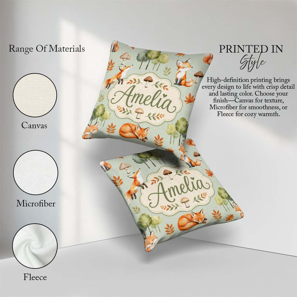 Custom Name Woodland Fox with Trees Leaves Mushrooms Soft Green Square Filled Cushion Throw Pillow Sofa Bed Home Decor Zip Washable UK Made