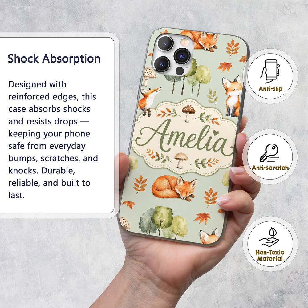 Woodland Fox with Trees Leaves Mushrooms Soft Custom Name Protective Phone Case Mobile Cover Durable Everyday Smartphone Shock Resistant