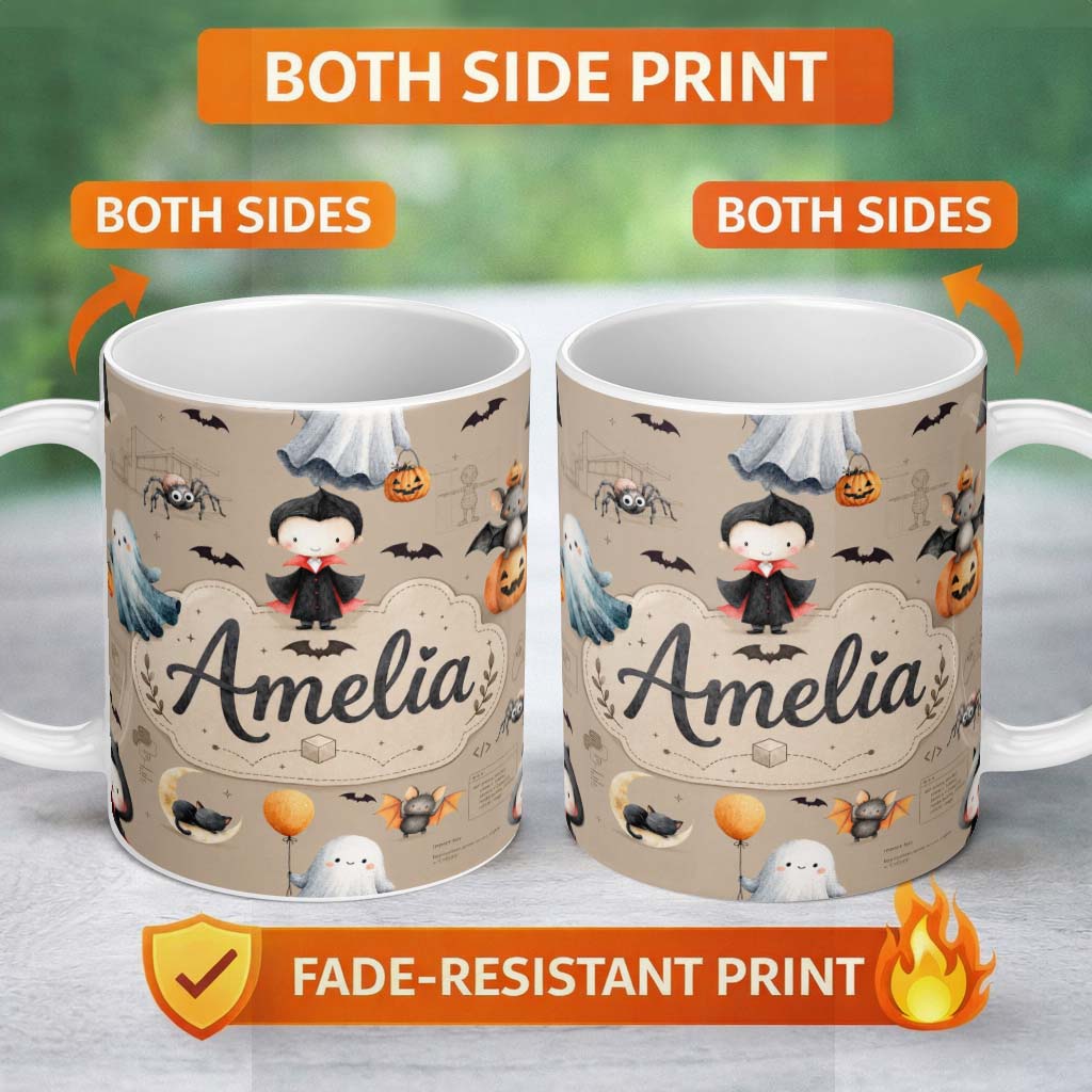 Personalized Custom Name Halloween Vampire Ghost Bat Spooky Character Taupe Seamless Pattern 11oz Ceramic Coffee Tea Mug White Large Handle