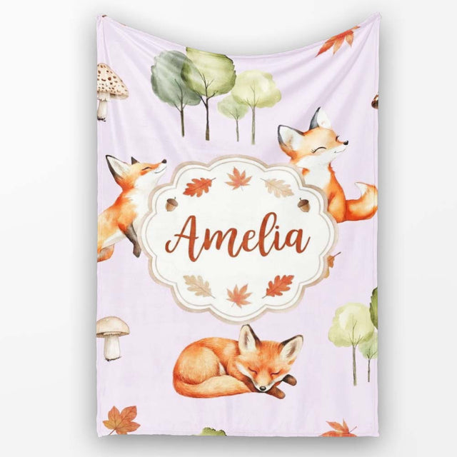 Woodland Fox with Trees Leaves Mushrooms Soft Lavender Seamless  Personalised Custom Name Super Soft Fleece Blanket Bed Sofa Throw