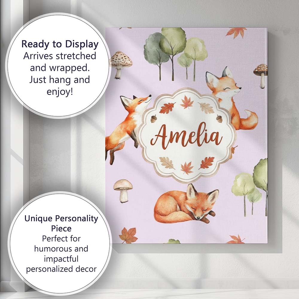 Personalised Name Woodland Fox with Trees Custom  Unique Gift Idea Elegant Feature Canvas Wall Art Print Decor Picture Ready to Hang
