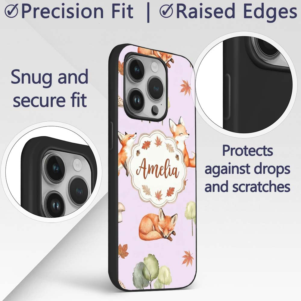 Woodland Fox with Trees Leaves Mushrooms Soft Custom Name Protective Phone Case Mobile Cover Durable Everyday Smartphone Shock Resistant