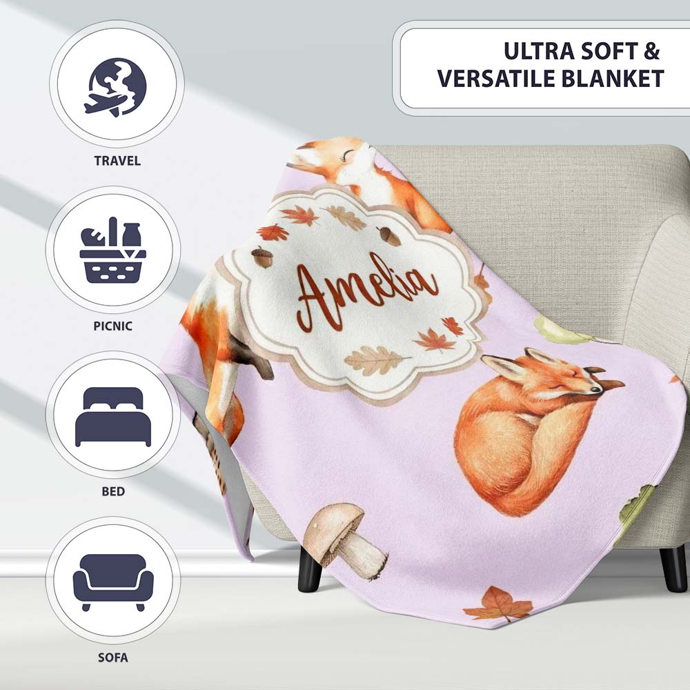 Woodland Fox with Trees Leaves Mushrooms Soft Lavender Seamless  Personalised Custom Name Super Soft Fleece Blanket Bed Sofa Throw