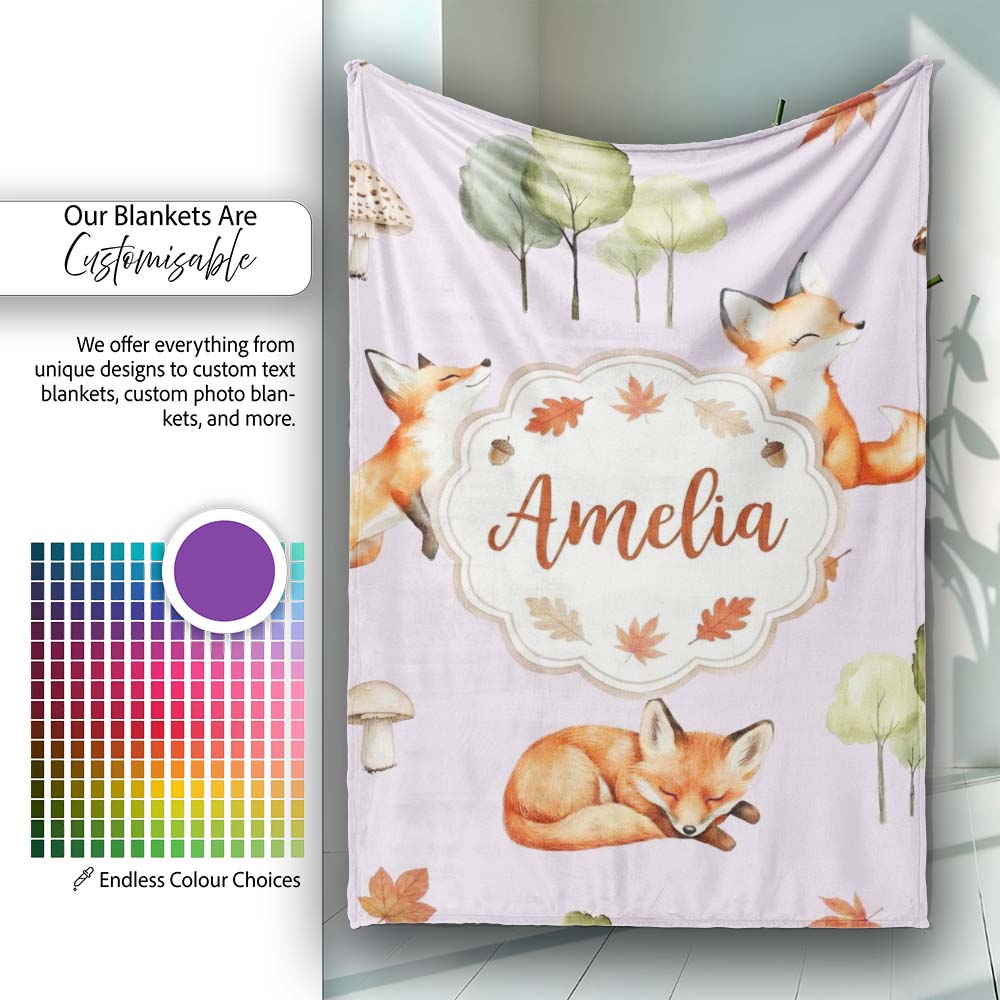 Woodland Fox with Trees Leaves Mushrooms Soft Lavender Seamless  Personalised Custom Name Super Soft Fleece Blanket Bed Sofa Throw