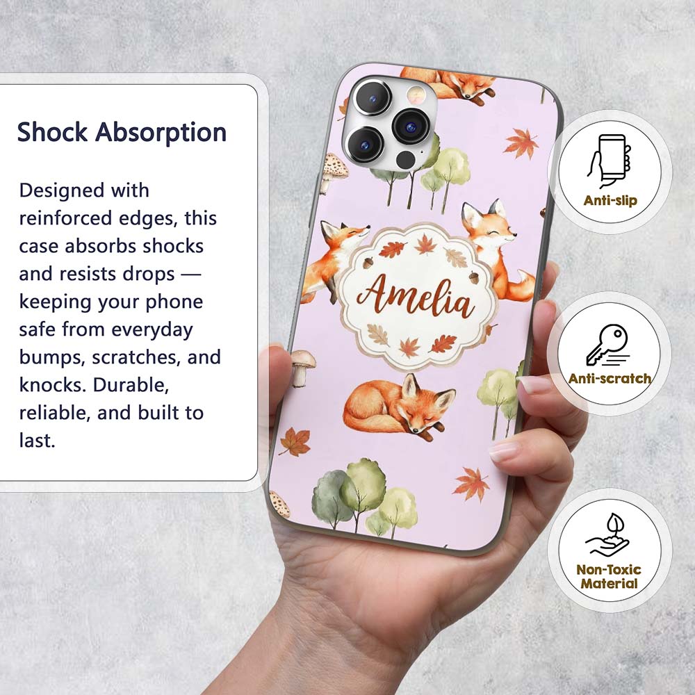 Woodland Fox with Trees Leaves Mushrooms Soft Custom Name Protective Phone Case Mobile Cover Durable Everyday Smartphone Shock Resistant