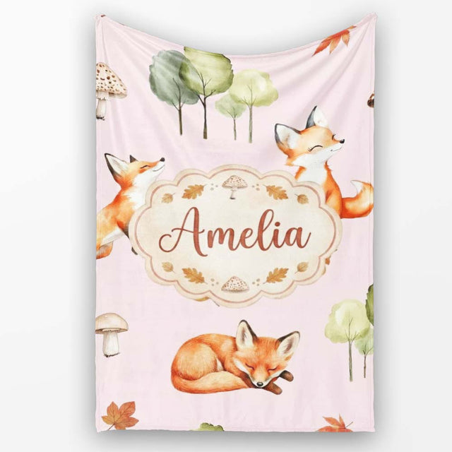 Woodland Fox with Trees Leaves Mushrooms Soft Blush Seamless  Personalised Custom Name Super Soft Fleece Blanket Bed Sofa Throw