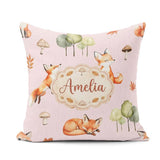 Custom Name Woodland Fox with Trees Leaves Mushrooms Soft Blush Square Filled Cushion Throw Pillow Sofa Bed Home Decor Zip Washable UK Made