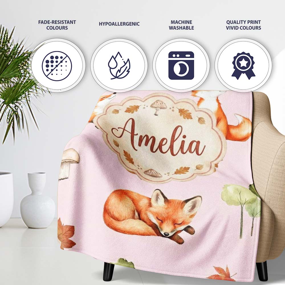 Woodland Fox with Trees Leaves Mushrooms Soft Blush Seamless  Personalised Custom Name Super Soft Fleece Blanket Bed Sofa Throw