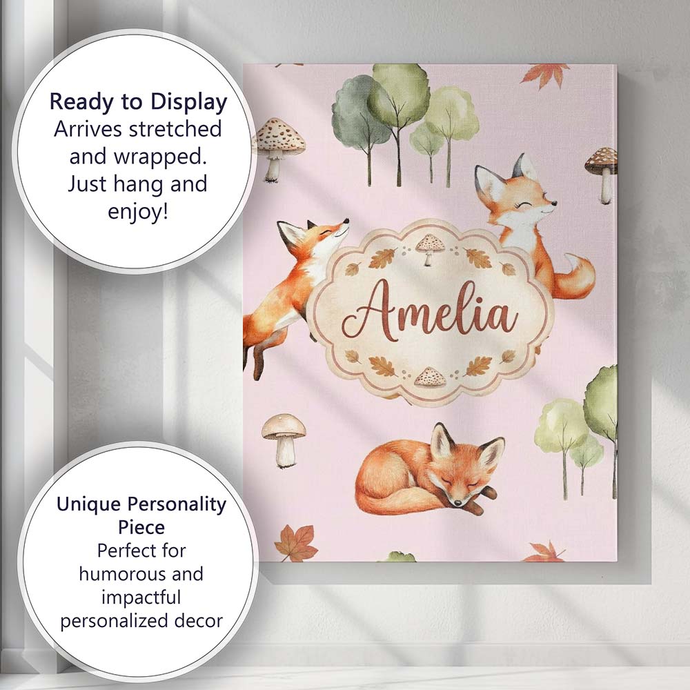 Personalised Name Woodland Fox with Trees Custom  Unique Gift Idea Elegant Feature Canvas Wall Art Print Decor Picture Ready to Hang