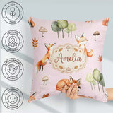 Custom Name Woodland Fox with Trees Leaves Mushrooms Soft Blush Square Filled Cushion Throw Pillow Sofa Bed Home Decor Zip Washable UK Made