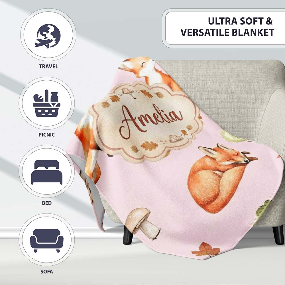 Woodland Fox with Trees Leaves Mushrooms Soft Blush Seamless  Personalised Custom Name Super Soft Fleece Blanket Bed Sofa Throw