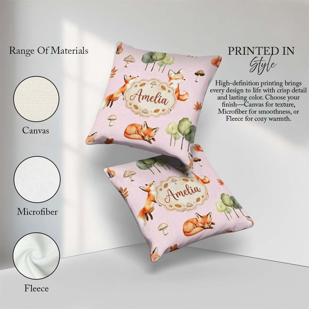 Custom Name Woodland Fox with Trees Leaves Mushrooms Soft Blush Square Filled Cushion Throw Pillow Sofa Bed Home Decor Zip Washable UK Made