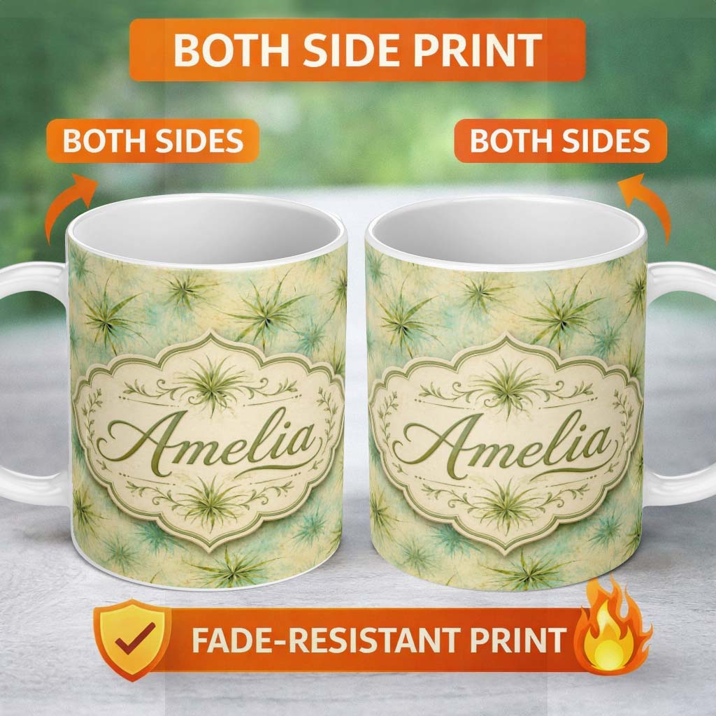 Personalized Custom Name Abstract Botanical Air Plant Texture Seamless Pattern Design Lovely 11oz Ceramic Coffee Tea Mug White Large Handle