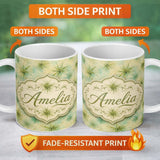 Personalized Custom Name Abstract Botanical Air Plant Texture Seamless Pattern Design Lovely 11oz Ceramic Coffee Tea Mug White Large Handle