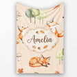 Woodland Fox with Trees Leaves Mushrooms Soft Beige Seamless  Personalised Custom Name Super Soft Fleece Blanket Bed Sofa Throw