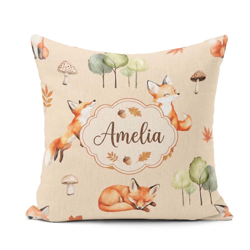 Custom Name Woodland Fox with Trees Leaves Mushrooms Soft Beige Square Filled Cushion Throw Pillow Sofa Bed Home Decor Zip Washable UK Made