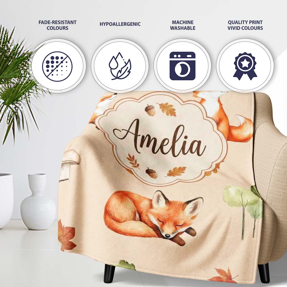 Woodland Fox with Trees Leaves Mushrooms Soft Beige Seamless  Personalised Custom Name Super Soft Fleece Blanket Bed Sofa Throw