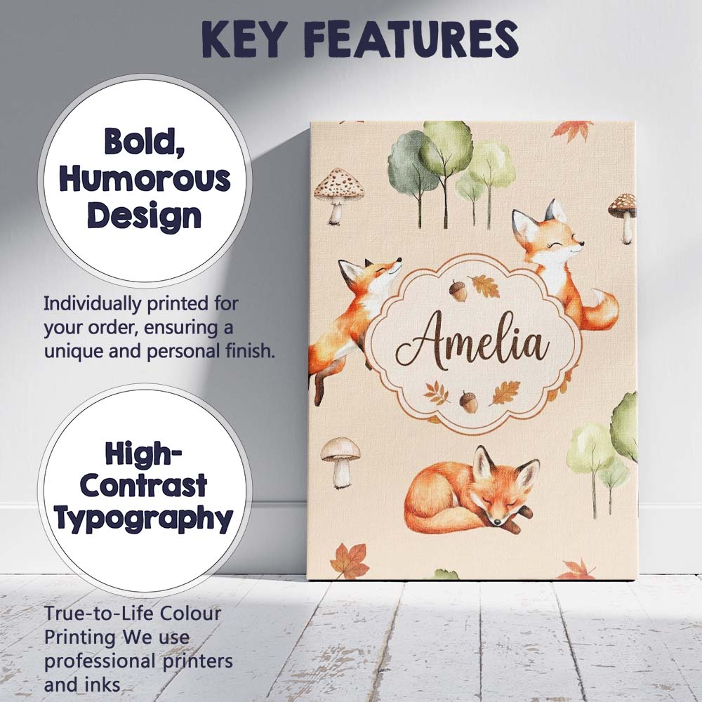 Personalised Name Woodland Fox with Trees Custom  Unique Gift Idea Elegant Feature Canvas Wall Art Print Decor Picture Ready to Hang