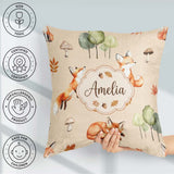 Custom Name Woodland Fox with Trees Leaves Mushrooms Soft Beige Square Filled Cushion Throw Pillow Sofa Bed Home Decor Zip Washable UK Made