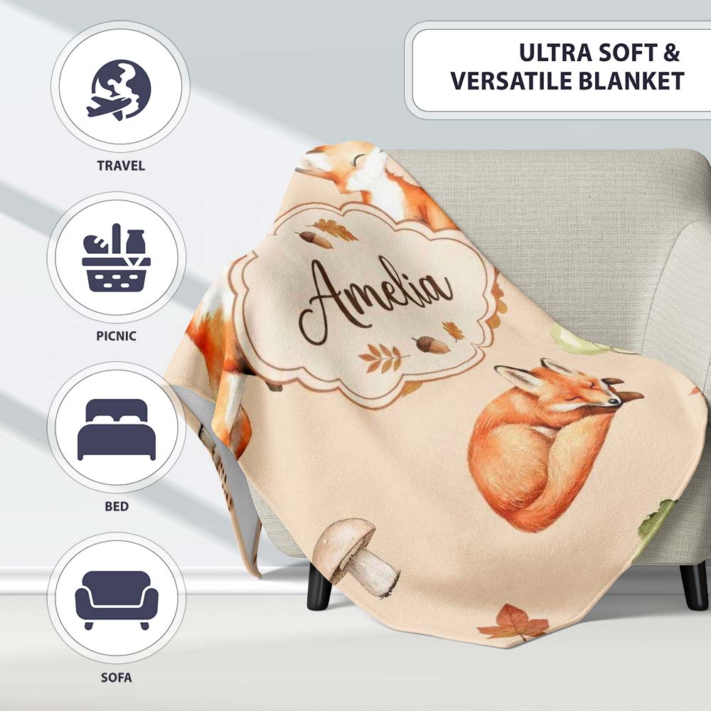 Woodland Fox with Trees Leaves Mushrooms Soft Beige Seamless  Personalised Custom Name Super Soft Fleece Blanket Bed Sofa Throw