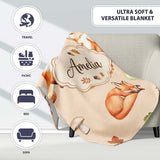 Woodland Fox with Trees Leaves Mushrooms Soft Beige Seamless  Personalised Custom Name Super Soft Fleece Blanket Bed Sofa Throw