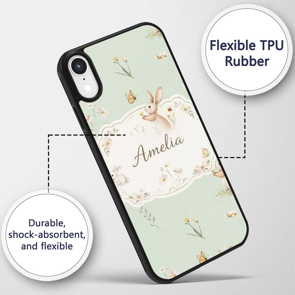 Watercolor Bunny Floral Meadow Printed Design Custom Name Protective Phone Case Mobile Cover Durable Everyday Smartphone Shock Resistant
