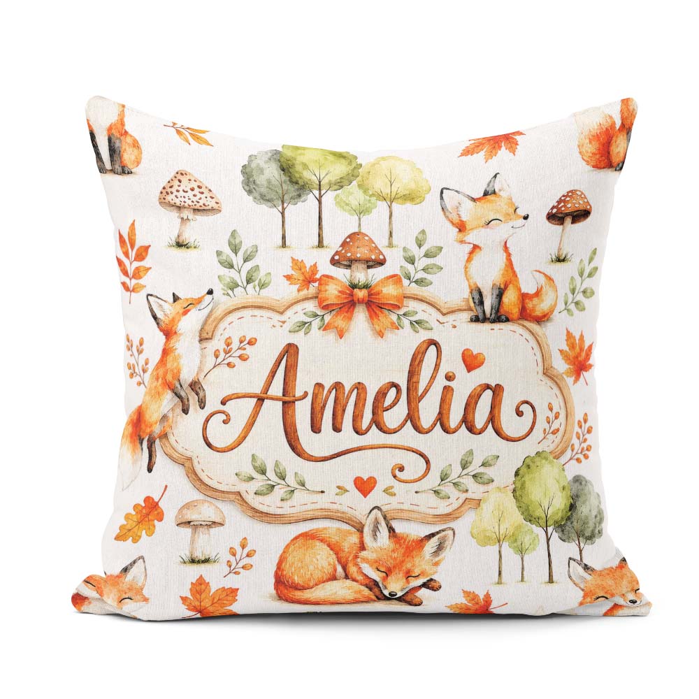 Custom Name Woodland Fox with Trees Mushrooms Soft Grey Seamless Square Filled Cushion Throw Pillow Sofa Bed Home Decor Zip Washable UK Made
